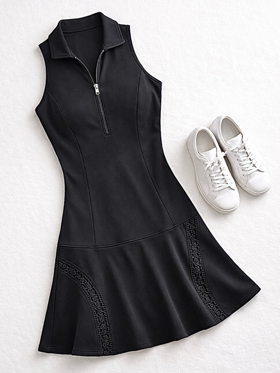 sundays Dresses & Skirts - Sundays Zip Front Athletic Mini Dress Black Drop Waist Sporty Size Small